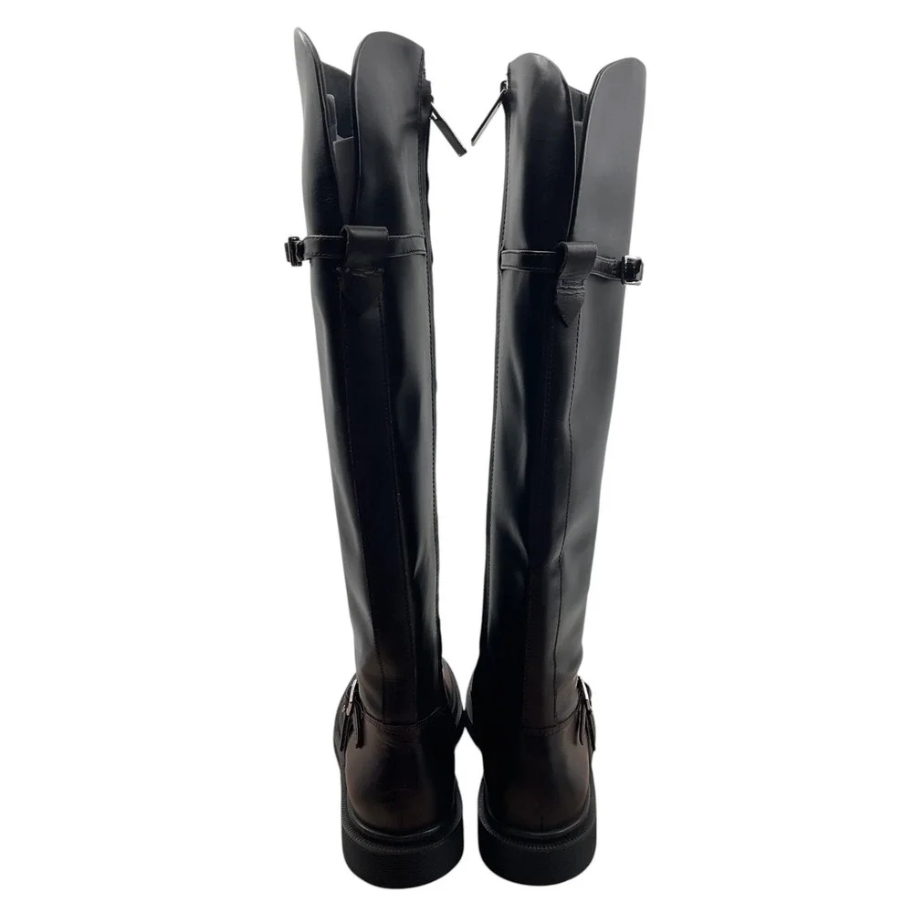 Sarto Womens Black Leather Over The Knee Square Toe Moto Buckle Boots 6M